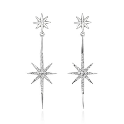 925 Sterling Silver Pave Set Long Drop Star Cz Stud Earrings