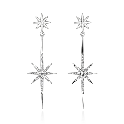 925 Sterling Silver Pave Set Long Drop Star Cz Stud Earrings - Image 1