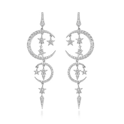 925 Sterling Silver Moon & Star Chandelier Cz Drop Earrings
